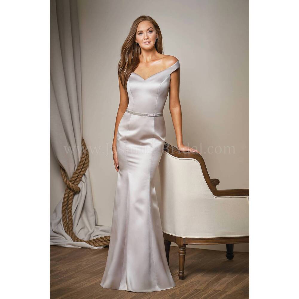 NEW JADE COUTURE belsoie off-the-shoulder satin gown with belt in grecian ivory
